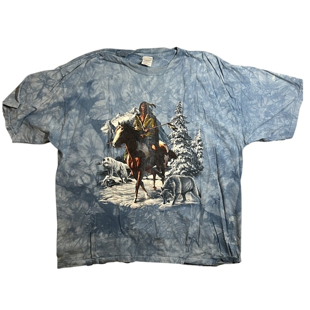 Vintage Gildan Native American Wolf Horse Tie Dye T-Shirt Blue 2XL 2TG